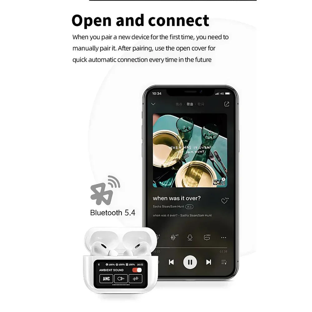 Evopods Display Screen 2 Premium Wireless Earbuds + 100% ANC with 1.41" Full HD Touch Screen + GPS Tracking (Find my evopods ) + 13mm High Deep Bass Drivers