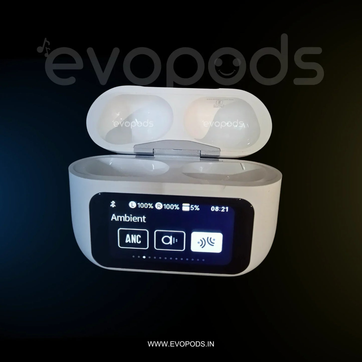 Evopods Display Screen 2 Premium Wireless Earbuds + 100% ANC with 1.41" Full HD Touch Screen + GPS Tracking (Find my evopods ) + 13mm High Deep Bass Drivers